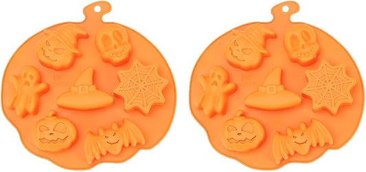 7 Cavities Silicone Cookies Biscuit Mold, Christmas Halloween Candy Mold, Reusable DIY Baking Mold Jelly Chocolate Mold, Ice Cube Tray Wax Melt Molds(Set of 2 Orange Halloween)