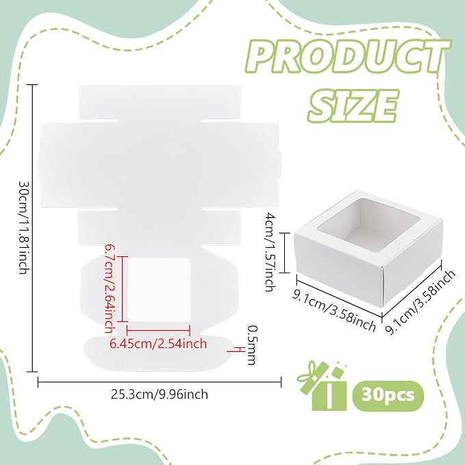 BENECREAT 30pcs Square White Paper Boxes, Gift Boxes with Clear PVC Window for Wedding Gift, Chocolates, Cookies and Other Small Crafts, 3.6x3.6x1.57 Inch