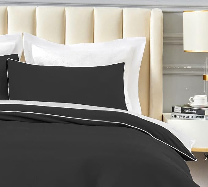 DAUAOTO Duvet Cover King Set, Black Microfiber with Decorative White Piping, 1 Zipper Closure Cover + 2 Shams Halloween Bedding