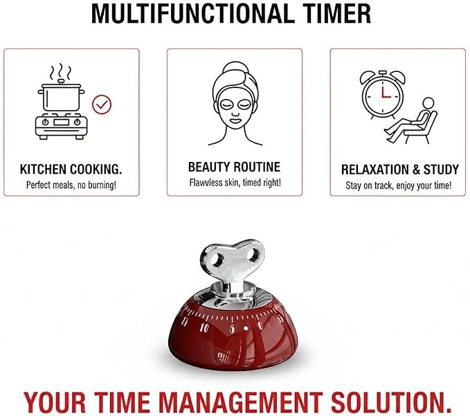 Retro Kitchen Timer Magnetic Mechanical 60 Minute Wind Up Timer No Batteries, Loud Alarm Timer for Cooking, Baking, Classroom, ABS Portable Kitchen Timer, Magnetic Mechanical Timing（Red ）