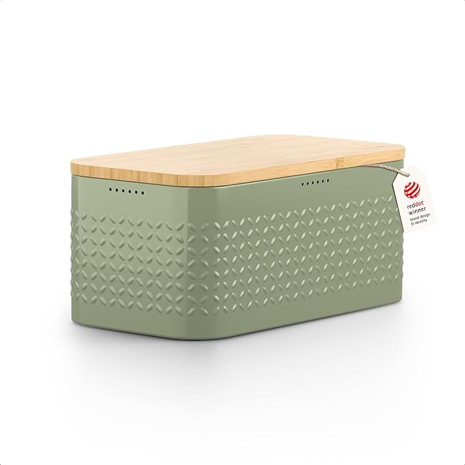 LARS NYSØM Bread Box I Metal bread box for long lasting freshness with non-slip pads I Baked goods Bin with bamboo lid usable as cutting board I 13.6x7.3x6.2in (Sage Green)