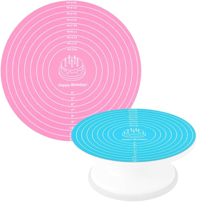 Silicone Cake Mat 2Pcs 12 Inch Round Baking Mats with Measurements Reusable Turntable Pastry Mats for Rolling Dough, Cakes, Pizza, and Cookies (1, Blue)