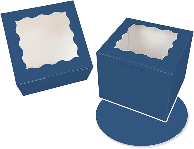 Bakepacker 36pcs 6x6x5 Inches Cake Boxes with Window 18-Packs Ink Blue 6 Inch Bakery Boxes (18 Cake Boxes +18 Cake Boards Included)