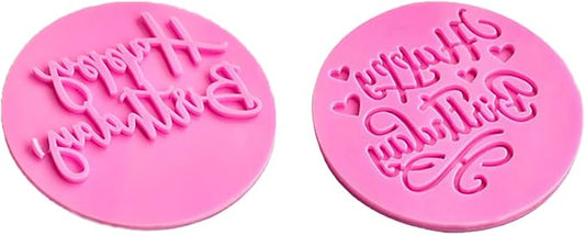 2 PCS Happy Birthday Fondant Embosser，Cookie Stamps，Fondant Letter Stamps，Birthday Cookie Cutters，Embosser Stamp，Happy Birthday Stamp，DIY Baking Cake/Sugar Paste/Cupcake/Chocolate (3.15 Inch, Pink)