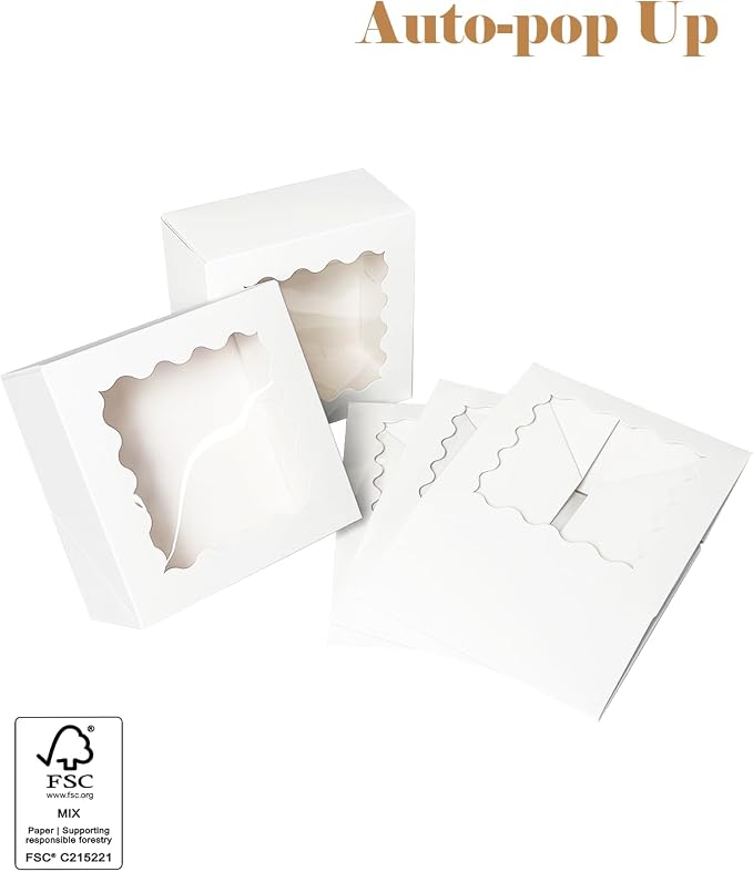 qiqee Auto-pop up 6x6x3 Inch White Cookie Box with Window 30Pcs Pastry Macaron Bakery Box For Packaging