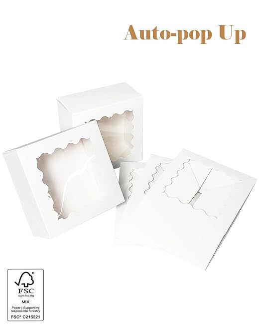 qiqee Auto-pop Up 240pcs White Bakery Box with Window 6"×6"×3" Macaron Boxes Small Donut Pastry Boxes for Party Mini Cookie Boxes
