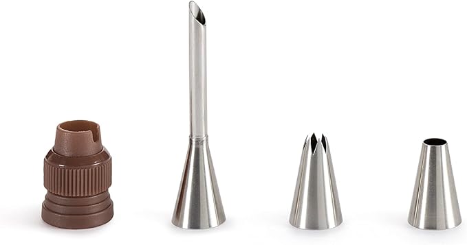Lékué Reusable Piping Bag Set with 3 Nozzles | 5 piece Cake Decorating Kit: x 2 Piping Bags + 3 Standard Stainless Steel Nozzles & Coupler | Screw-on Tips for no Leaks | Dishwasher Safe