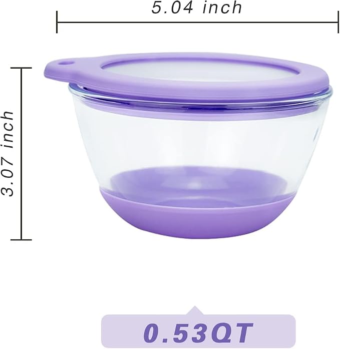 MR. CHOU Single Serving Bowls - Versatile Glass Bowls for Cereal, Soup, Pasta, and Salad - Microwave & Dishwasher Safe with Lid - Stackable, Non-Slip Base - Perfect for Meal Prep, Purple, 0.5QT
