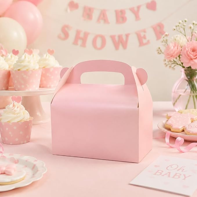 30Pcs Pink Party Favor Treat Boxes Goodie Gable Paper Gift Box | Candy Boxes with Handles. Perfect for Princess Pink Party and Baby Shower Decoration Supplies.