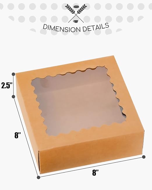 qiqee Auto-pop up 50 Packs Bakery Box With Window 8x8x2.5 inch Brown Pie Boxes Pastry