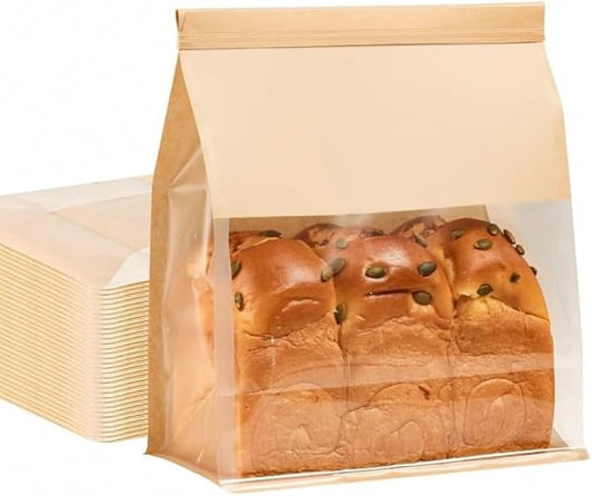 PAICUIKE Bread Bags Large Bakery Bag with Window Packaging Bags Tin Tie Tab Lock 50 Pack, for Homemade Sourdough Bread, 8.7x4.3x11 Inches, Kraft Paper, for Gifting, Bake Sale