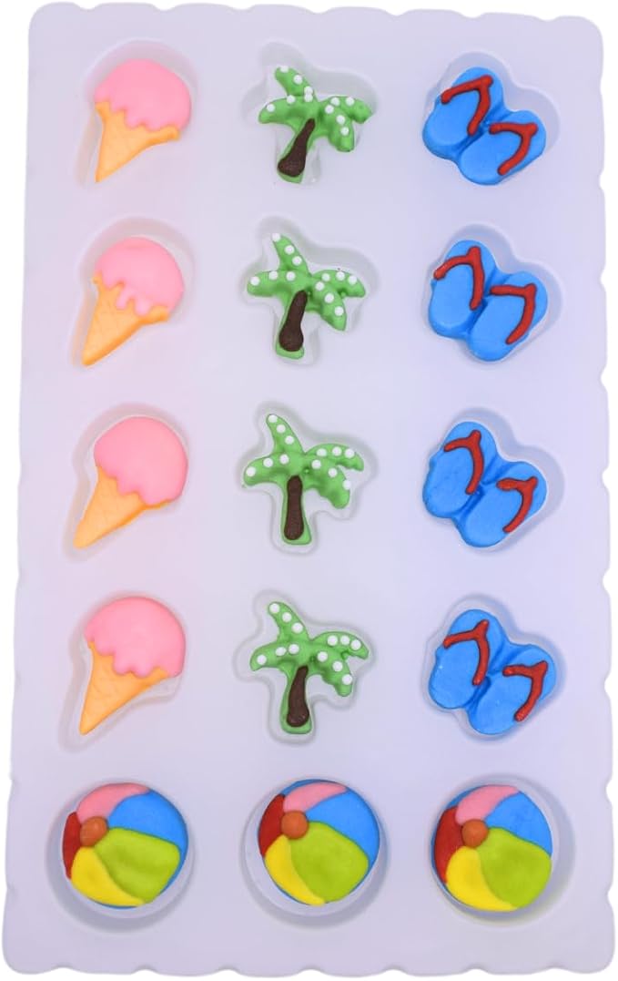 Oasis Supply Edible Beach Cake/Cupcake Toppers – 15 Ct Royal Icing Set with Ice Cream, Palm Trees, Sandals & Beach Balls