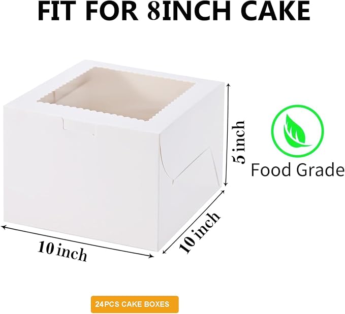 24Pack 10x10x5 inches Cake Boxes, White Cake Boxes With Window,Dessert Pastry Box For Chocolate Covered Strawberries, Wedding/Birthday Baking Fathers Day Gifting, Cupcakes, Donuts