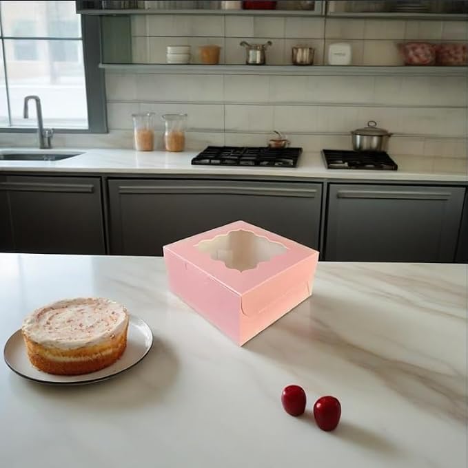 Generic 50Pcs (6x6x3 in) Mini Cake Boxes+3 stickers with Display Window for Gift Giving, Bakesale, Cupcakes, Dessert, Cookies, Pie, Macaroons, Donuts, Pastry, Kraft Paper Material… (50Pcs Pink)