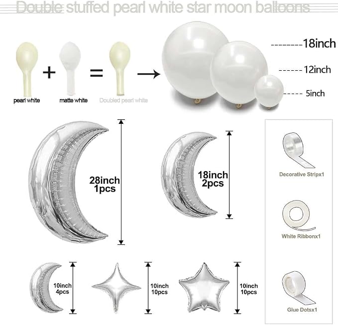 White Balloons Arch Double Stuffed Pearl White Star Moon Balloon Garland Different Sizes Cream Ivory Balloons for Birthday Baptism Bridal Baby Shower Christmas Wedding Prom Galaxy Party Decorations