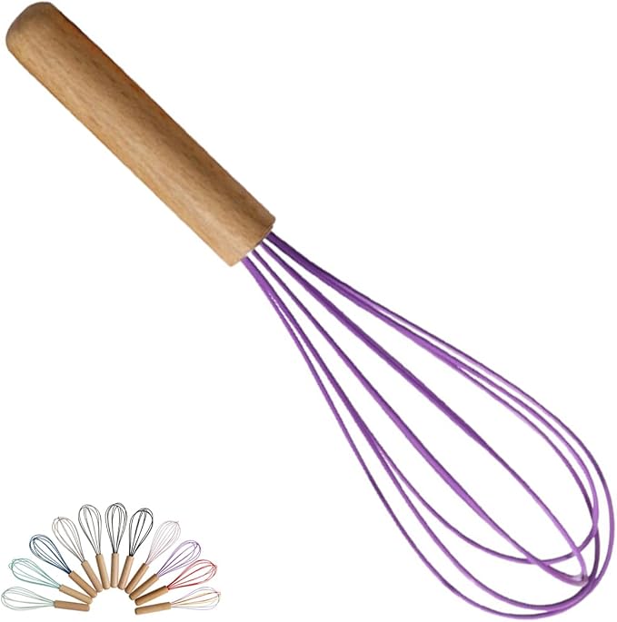 1-Piece Purple Silicone Whisk with Wooden Handle BRIIEC 10-inch Non Stick Balloon Whisk Egg Beater for Pancake Batter, Eggs and Egg Whites, Cake Mix, Blending, Gravy and Sauces