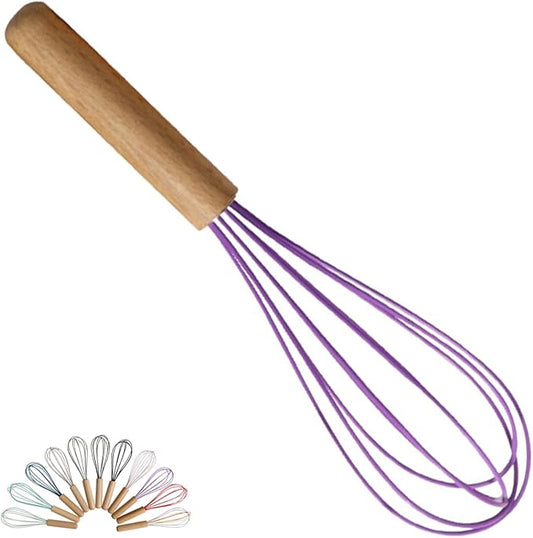 1-Piece Purple Silicone Whisk with Wooden Handle BRIIEC 10-inch Non Stick Balloon Whisk Egg Beater for Pancake Batter, Eggs and Egg Whites, Cake Mix, Blending, Gravy and Sauces