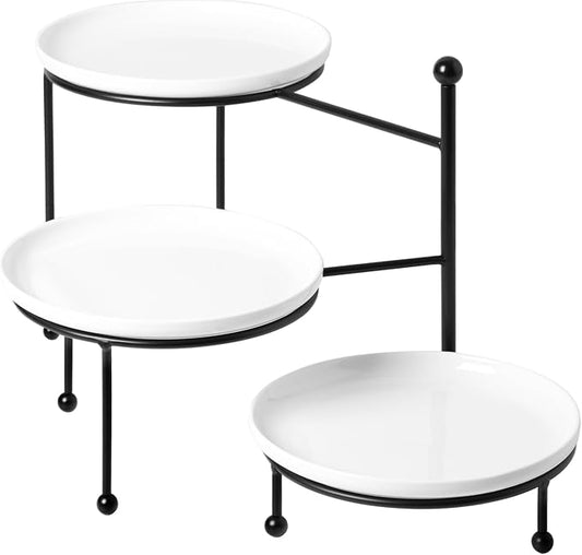 Kanwone 3 Tiered Serving Stand with White Porcelain Plates, Tiered Tray Stand, Dessert Table Display Set, 8" x 8" Tier Serving Trays with Black Metal Stand for Entertaining, 3 Tier Dessert Stand