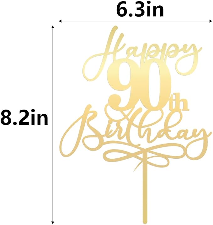 Happy 90th Birthday Cake Topper,Mirrored Gold Acrylic Durable Cake Topper，Hello 90, Cheers to 90 Years/90th Anniversary,90th Birthday Party Cake Decorations，Birthday Party Decorations
