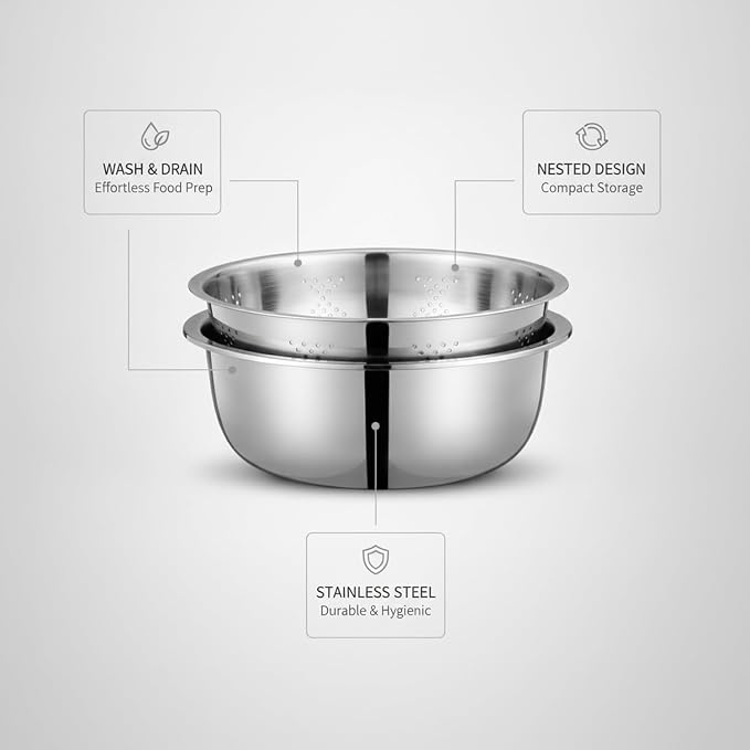 2-Piece Stainless Steel Colander and Bowl Set, Nested Strainer for Washing Veggies, Draining Pasta, and Food Prep (Silver)