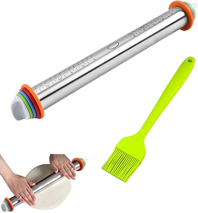 Rolling Pin, MELOP Adjustable Roller Pin with 4 Size Removable Thickness Rings + Oil Brush for Baking Dough, Pizza, Pie, Pastries, Pasta and Cookies, 17inch Stainless Steel
