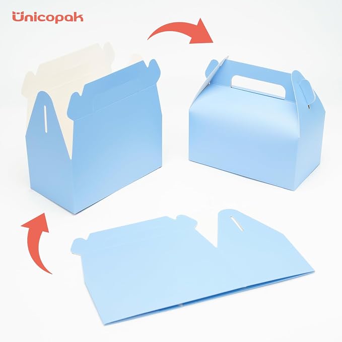 UnicoPak 30 Pack Baby Blue Party Favor Bag Boxes, Gable Gift Boxes for Candies Treats Goodies Cookies, Ideal for Baby Shower, Blue Party Favors, Theme Birthday Party, Valentine's Day, 6.5x3.5x3.5 Inches