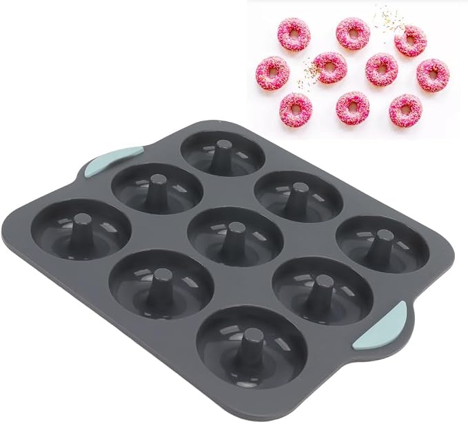 Limen Silicone Donut Baking Mould Tray, 9-Cavity Non-Stick Ring Cake Pan with Center Posts and Dual Side Handles for Oven Baking 11.5x10.12 in(Grey)