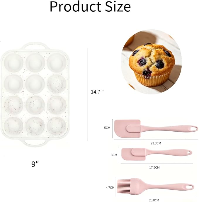 Silicone Muffin Pan, Non-Stick Cupcake Baking Tray, 12-Cup Muffin Tin for Baking with Silicone Basting Pastry Brush Set, Dishwasher Safe Mold for Cupcakes, Muffins, Cakes, 2 Pack