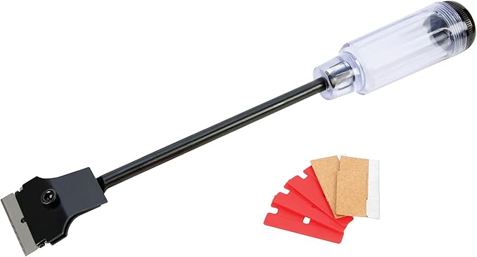 Performance Tool W233 12-Inch Long Reach Extension Scraper with 3pc Double Edged Plastic Razor Scraper Blades and 3pc Carbon Steel Razor Scraper Blades