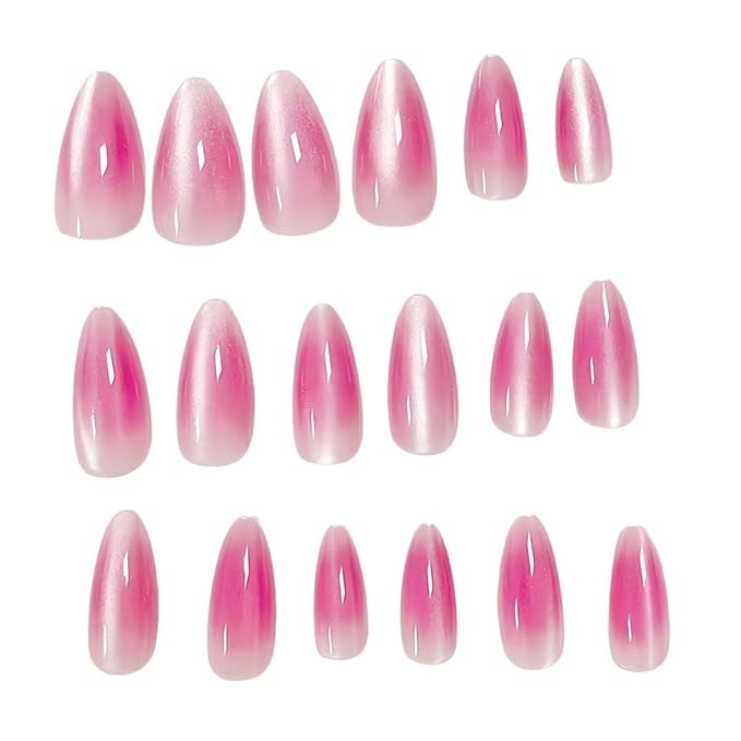 24Pcs French Press on Nails Short Almond ZWENJIE Cat Eye Fake Nails Press ons Nail Tips Stick on Nails Glossy Acrylic Nails Kit False Nails with Pink Blush Design Nail Art for Women Glitter Manicure