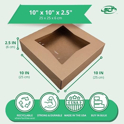 SCT Kraft Window Bakery Pack (24 Pack) 10x10x2.5, Auto Pop-Up Containers for Pies, 10 inch Brown Bakery Pack, Cookie Box with Window, 24233K-24