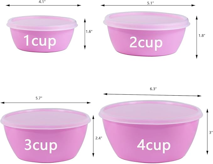 Set of 4 Plastic Prep Bowls with Lids，Microwave and Dishwasher Safe,Ideal for Baking, Prepping, Cooking and Serving Food (Pink)