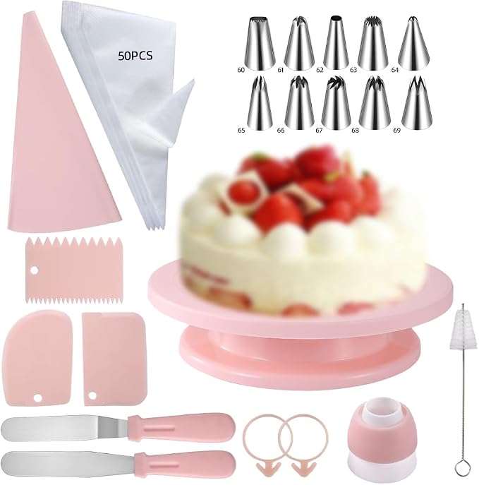 Pink Cake Decorating Supplies, spring baking kit pastel pink cake turntable kit with 10 Piping Tips, 50 Piping Bags, 2 Spatulas,3 Icing Scrapers,Pink baking supplies for girly cake decorating