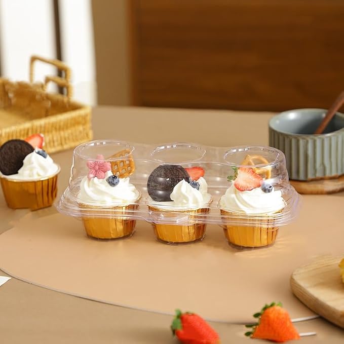 Clear Cupcake Containers with 3 Compartment Disposable Plastic Cupcake Carrier Holder Box- BPA-Free Keep Your Cupcakes (10)
