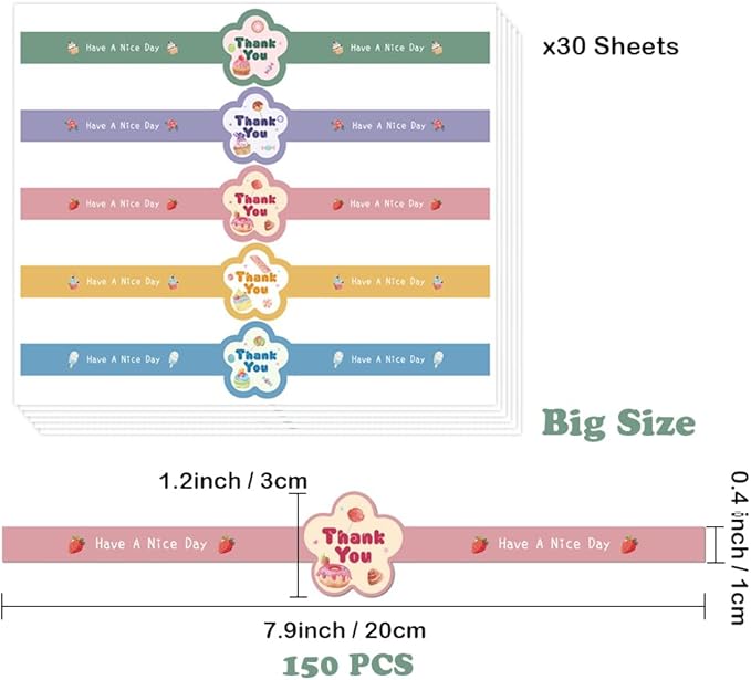 7.9 inch Long Thank You Stickers Small Busines 150 Pcs Cute Flower Shaped Have A Nice Day Self-Adhesive Sealing Baking Labels Handmade Food Tamper-Proof Bakery Sticker for Baked Goods Packaging