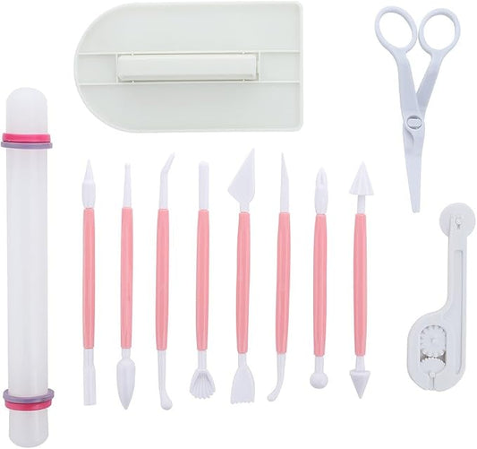ScivoKaval Marshmallow Fondant Cake Decorating Hand Tool 12 Pcs 5 Sets Sugarcraft Gumpaste Icing Smoother Rolling Pin Trimmer Cutter Embosser Flower Scissor Modelling Accessories Supplies Kit Pink
