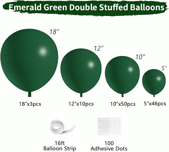 Emerald Green Double Stuffed balloons Different Size 115Pcs 5/10/12/18 Inch Dark Green Balloons Balloon Garland Arch kit for Birthday Baby Shower Jungle Safari Christmas Party