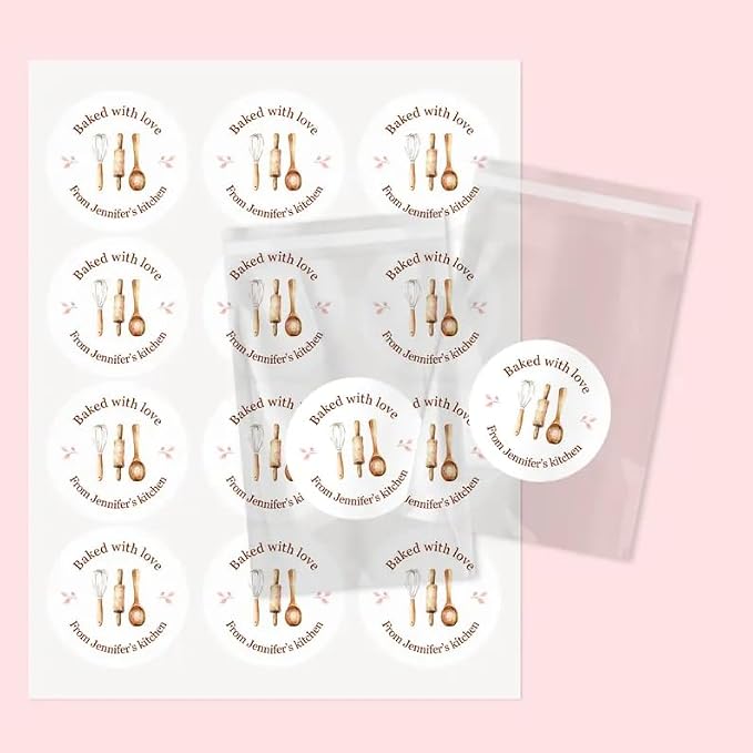 400 Pack Custom Baked with Love Label Stickers|Personalize Business Logo Labels|1.5/2inch Round Personalized Labels in Various Designs for Crafts,Baking,Gifts and Small Business