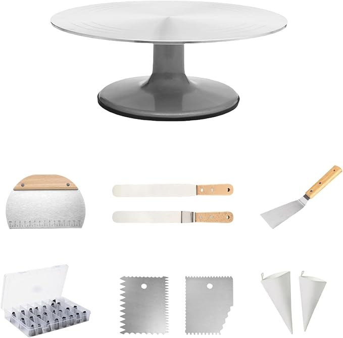 Cake Decorating Supplies Kit, Cake Baking Kit Includes 1 Cake Turntable,1 Cake Shovel, 2 Piping Bags,2 Icing Comb Scraper,3 Spatulas, A Box Of Piping Tip Set -24Types Of Cake Decorating Tips.