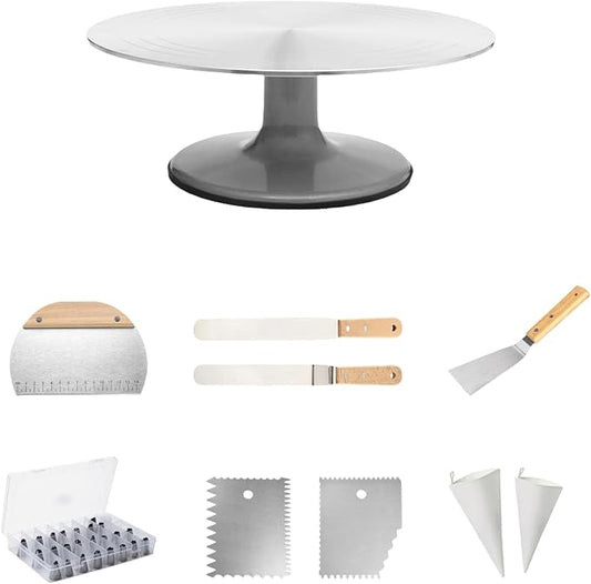 Cake Decorating Supplies Kit, Cake Baking Kit Includes 1 Cake Turntable,1 Cake Shovel, 2 Piping Bags,2 Icing Comb Scraper,3 Spatulas, A Box Of Piping Tip Set -24Types Of Cake Decorating Tips.