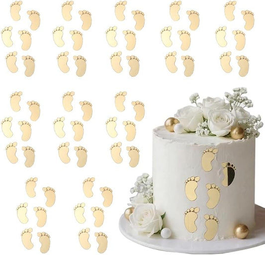 60pcs/bag Baby Shower Acrylic Cake Topper Baby Feet Cake Decoration Oh Baby Gender Reveal One 1st Birthday Party Boy and Girl (Gold)