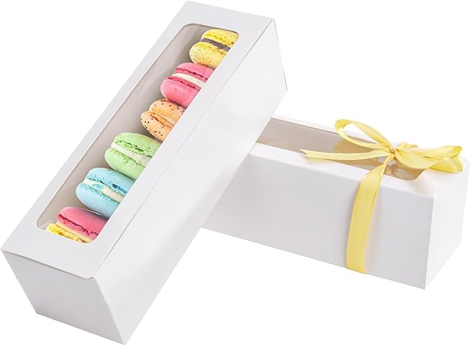 NPLUX Macaron Boxes, 25 Pack White Dessert Boxes with Clear Window and Ribbon, 7.2 x 2.1 x 1.9 In, Fits 5 to 7 Macarons, Bakery Packaging Boxes for Gifts, Cookies, Graduation Gifts Party Favors