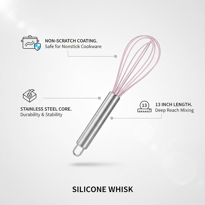 Silicone Whisk, Non-Scratch Coated Wires with Stainless Steel Core for Mixing Batters and Sauces in Nonstick Cookware, 13 Inch (1 PC)