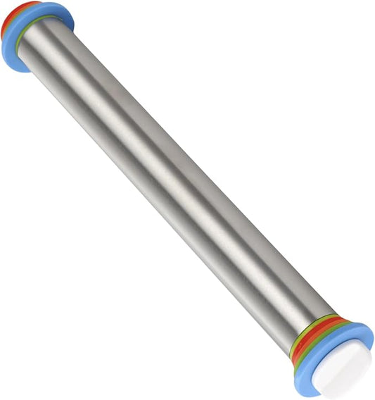 Rolling Pin and Pastry Baking Mat Set, Stainless Steel Dough Roller with Adjustable Thickness Rings & Clear Scale Markings, Ideal for Home Kitchen Baking Fondant, Pizza, Pie, Pastry, Pasta, Cookies