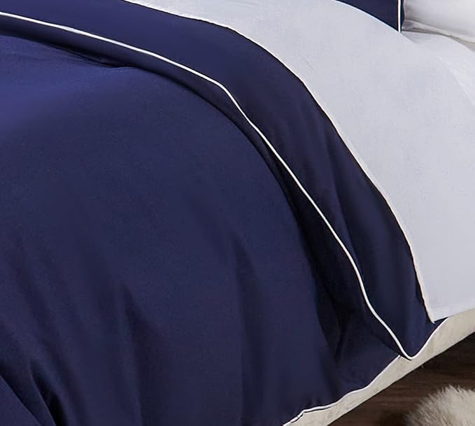 DAUAOTO Duvet Cover Twin/Twin XL Set, Navy Blue Microfiber Dorm Bedding, Decorative White Piping, 1 Zipper Closure Cover + 1 Standard Sham