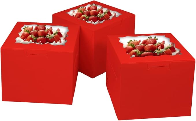 Bakepacker Red 8x8x5 Inches 36pcs Cake Boxes with Window 18-Packs Red 8 Inch Bakery Boxes (18 Cake Boxes +18 Cake Boards Included)