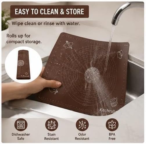 Silicone Baking Mat for Rolling Dough – Non Stick Pastry Mat with Measurement Guide for Fondant, Pizza, Bread, Pie Crust, Cookies & Baking – Reusable Food Grade Silicone Bake Mat Brown