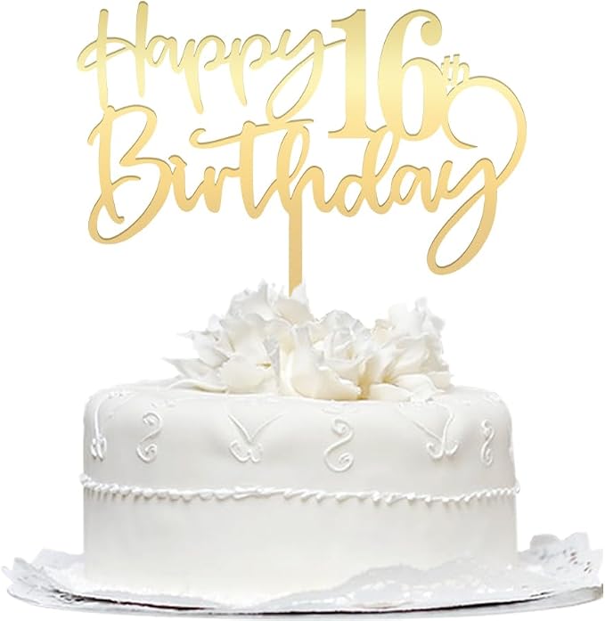 Happy 16 th birthday cake Topper,Mirrored Gold Acrylic Durable Cake Topper,16th Birthday Party Cake Decorations, Hello 16th years old, Happy sixteen years old, Birthday Party Decorations