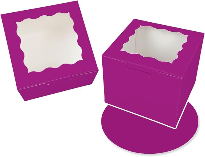 Bakepacker 36pcs 8x8x5 Inches Cake Boxes with Window 18-Packs Deep Purple 8 Inch Bakery Boxes (18 Cake Boxes +18 Cake Boards Included)
