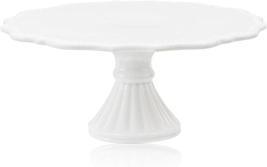 10 Inch Cake Stand, Relief Round Dessert Cake Stand for 8 Inch Cake, Ceramic Cupcake Stand for Birthday, Wedding, Baby Shower, Tea Party and Other Celebrations(White)